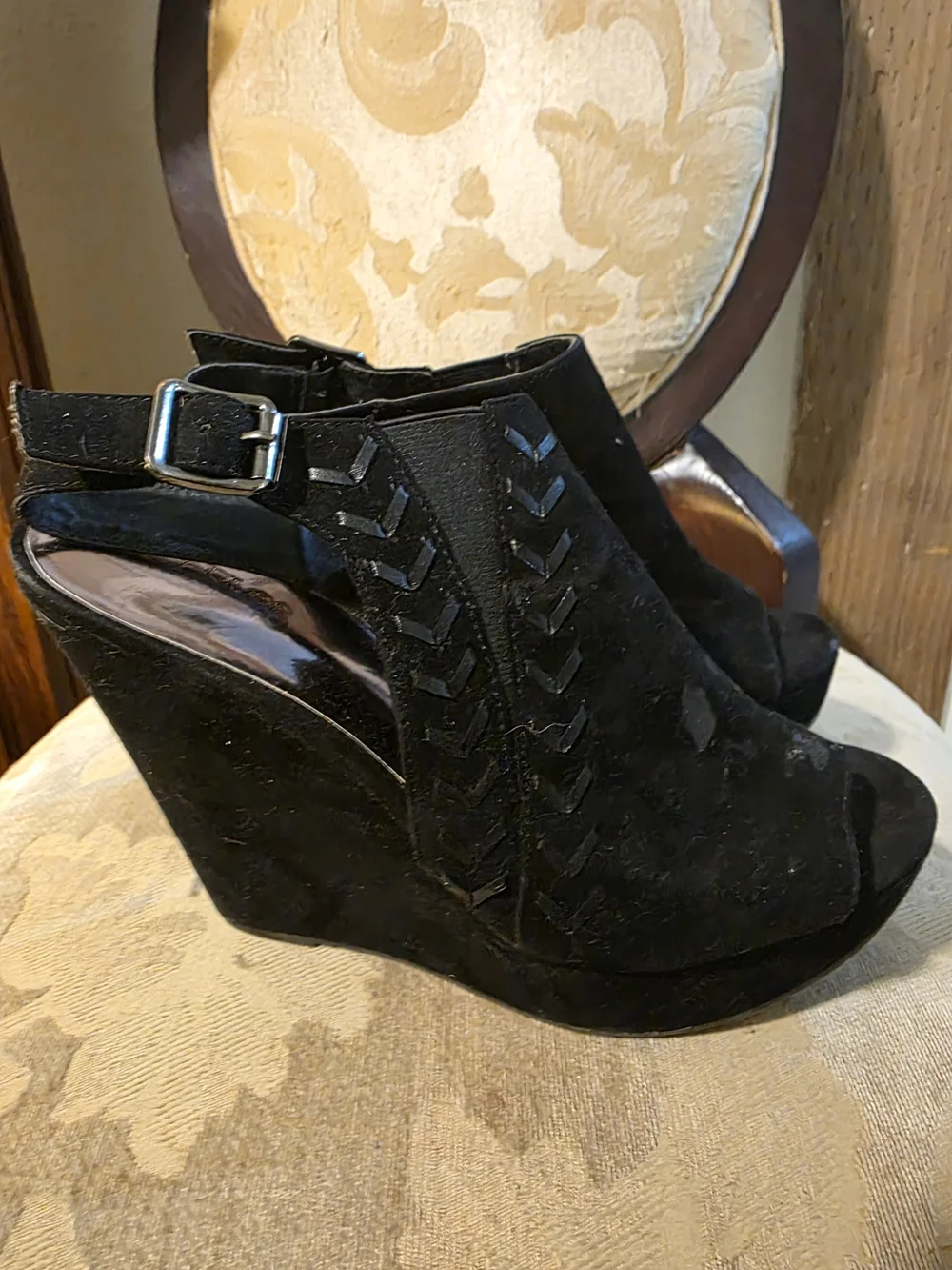 Carlos by Carlos Santana Black Suede Wedge Peep-Toe Slingback